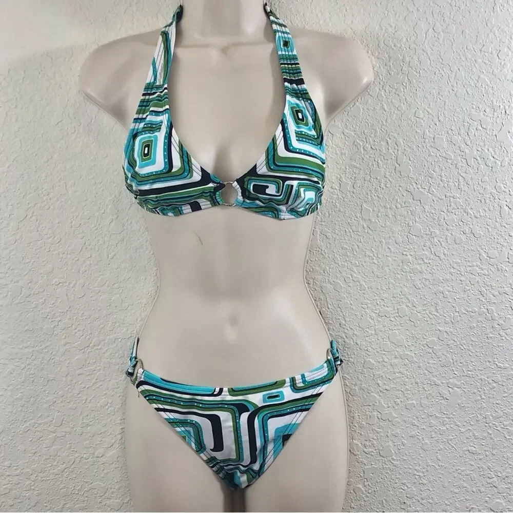 Gossip Geometric Print Triangle Bikini Silver Ring Accents Turquoise Back White